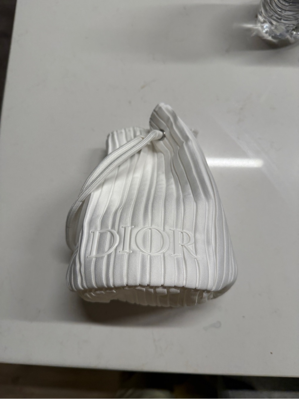 Dior White Satin Pleated Drawstring Pouch